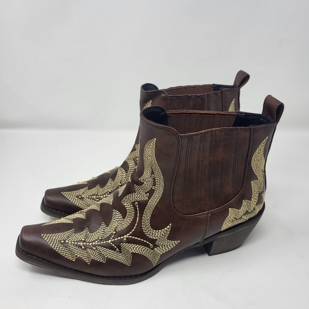 Women 8.5 brown Faux‎ leather western ankle booties Pointed Toe Embellished
